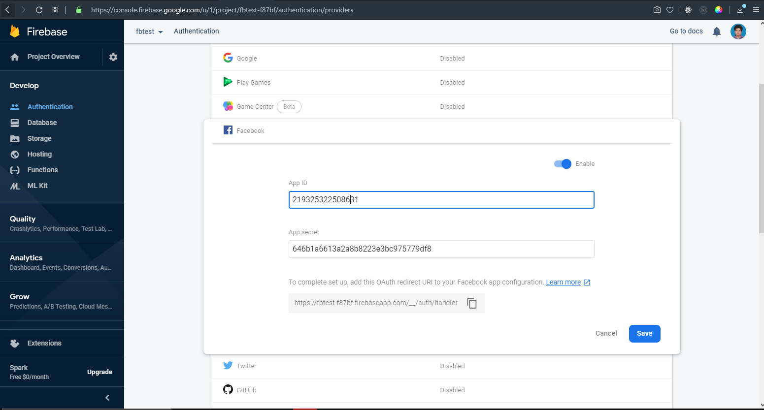 Enabling Firebase's Facebook OAuth